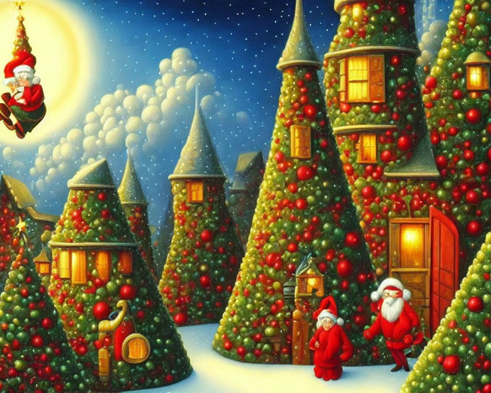 Santa Claus flying over snow-covered Christmas village with decorated tree houses.