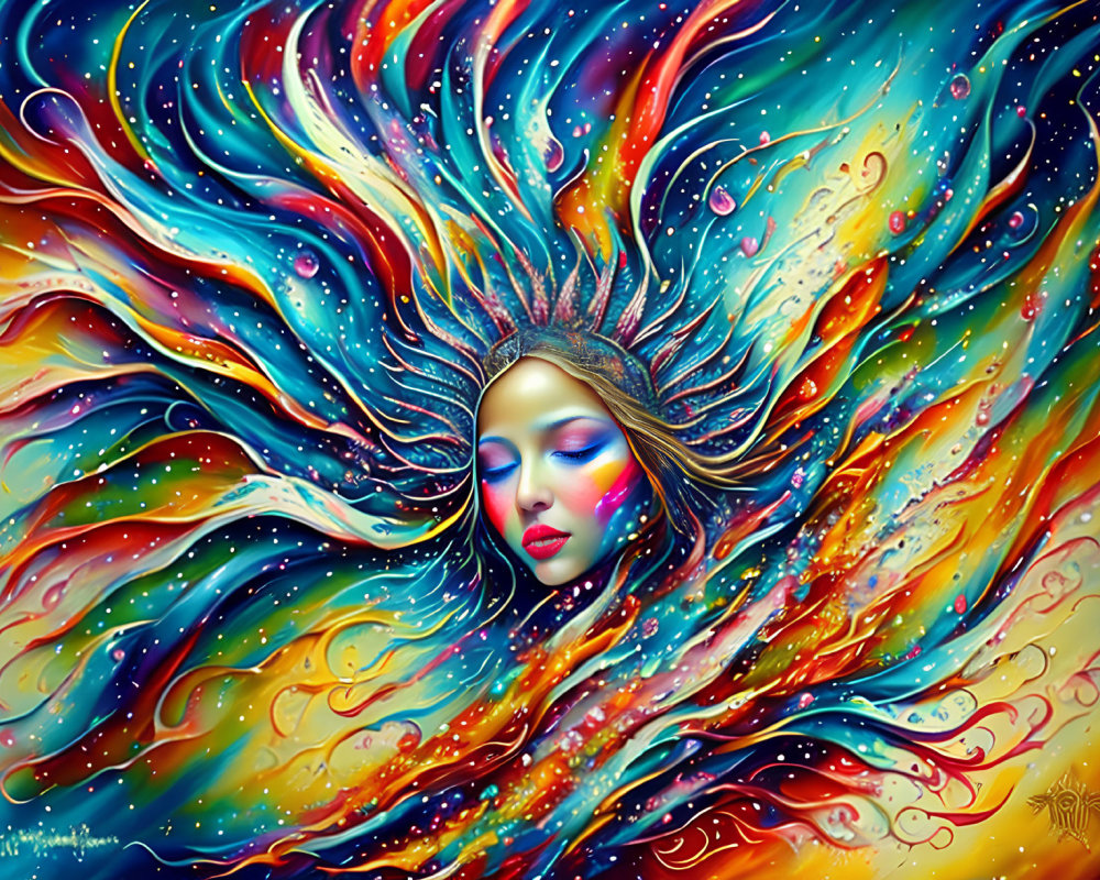 Colorful Artwork: Woman with Flowing Hair and Cosmic Patterns