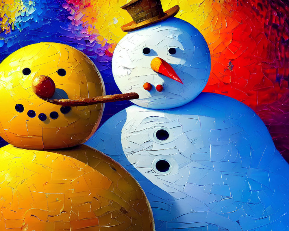 Colorful Textured Snowmen with Carrot Noses and Hats on Vibrant Background