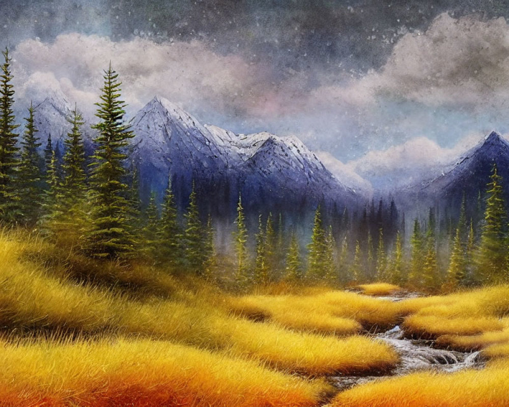 Mountain landscape painting with river, golden fields, pine trees, and cloudy sky