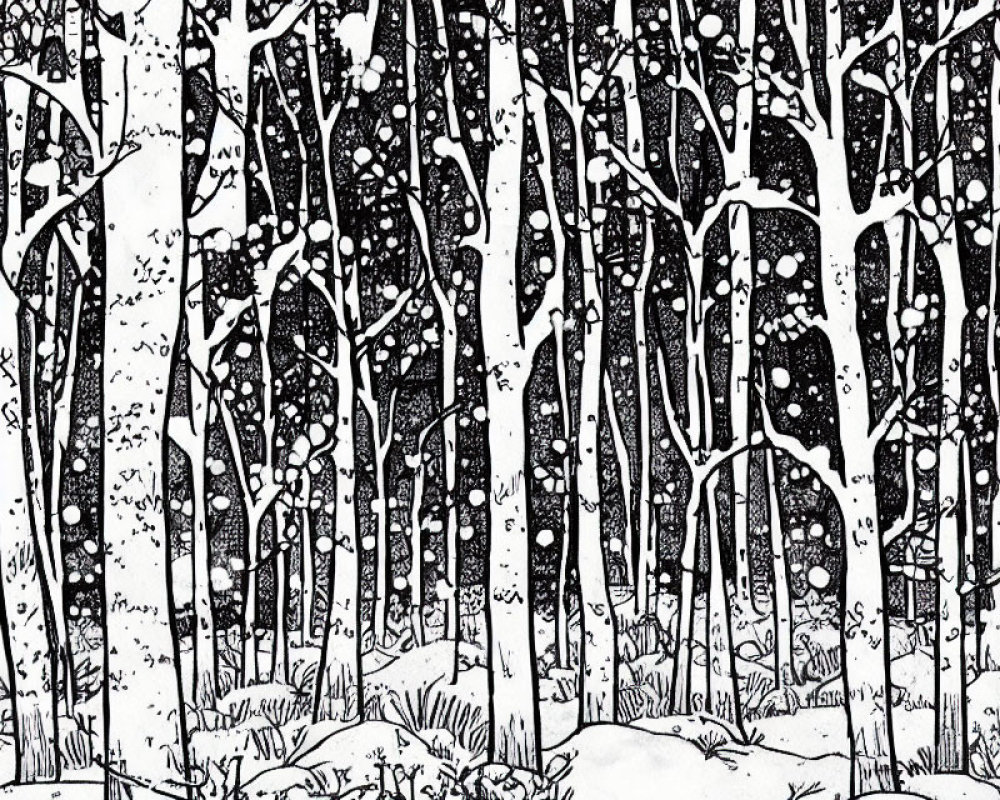 Monochrome winter birch forest illustration with falling snowflakes