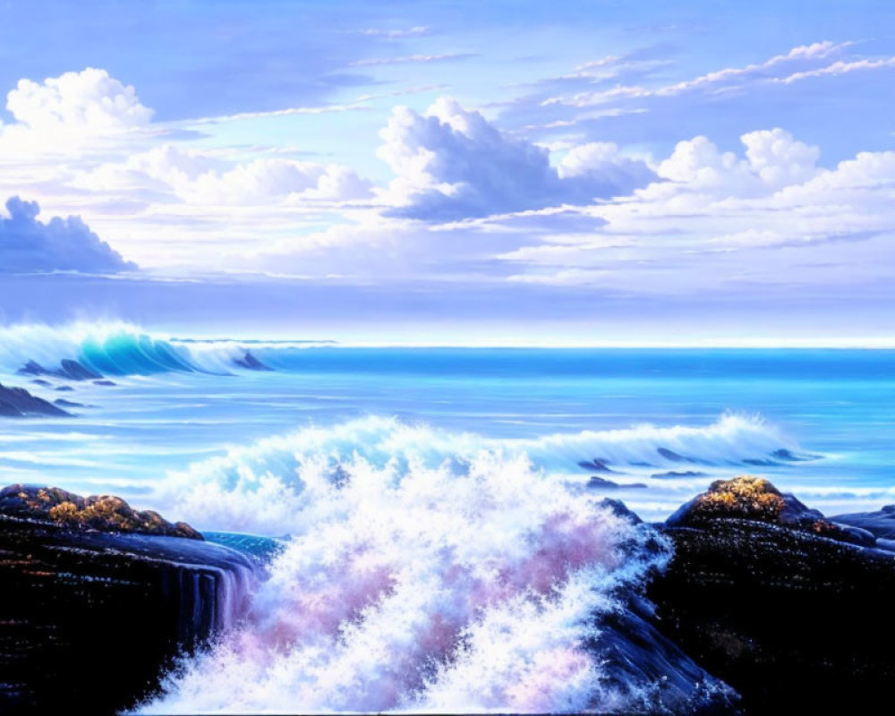 Colorful Coastal Seascape with Rolling Waves and Dynamic Sky