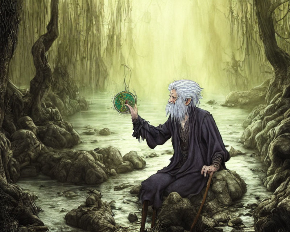 Elderly wizard with white beard in swamp holding green amulet and staff