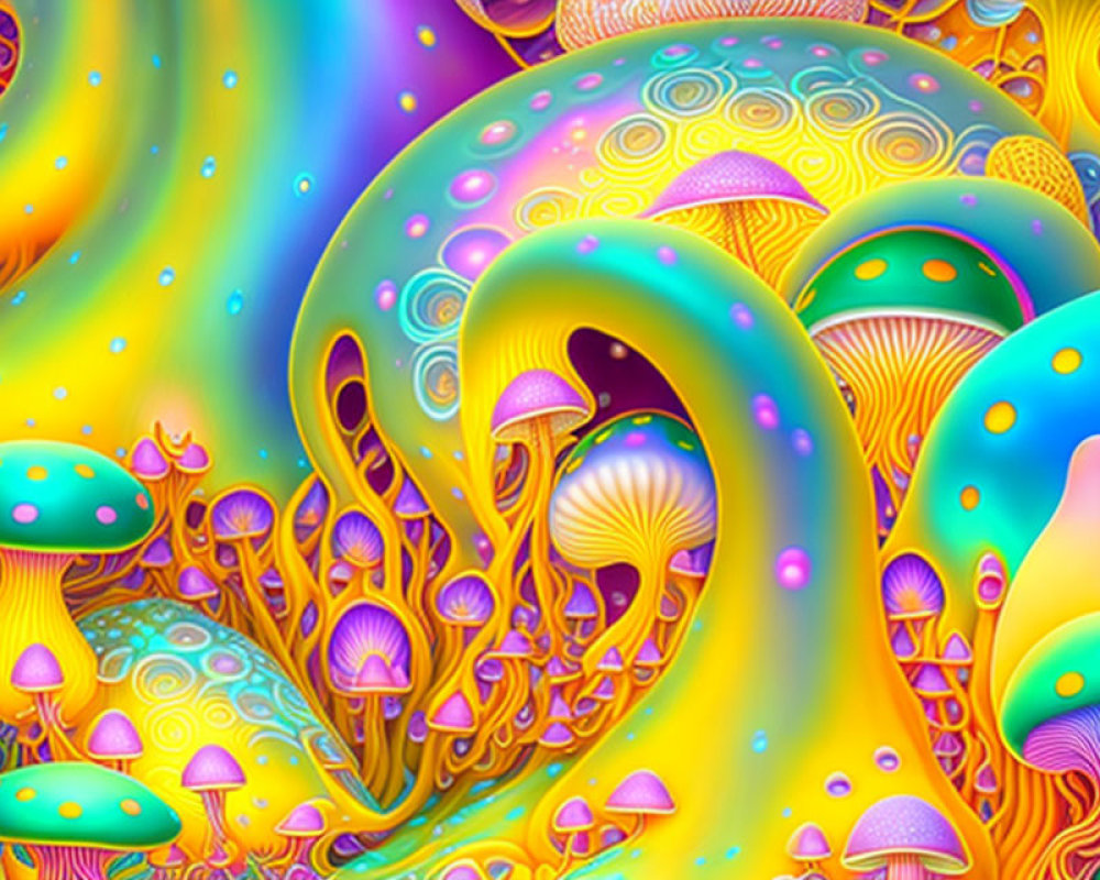 Colorful Psychedelic Illustration with Abstract Shapes and Mushroom-like Forms