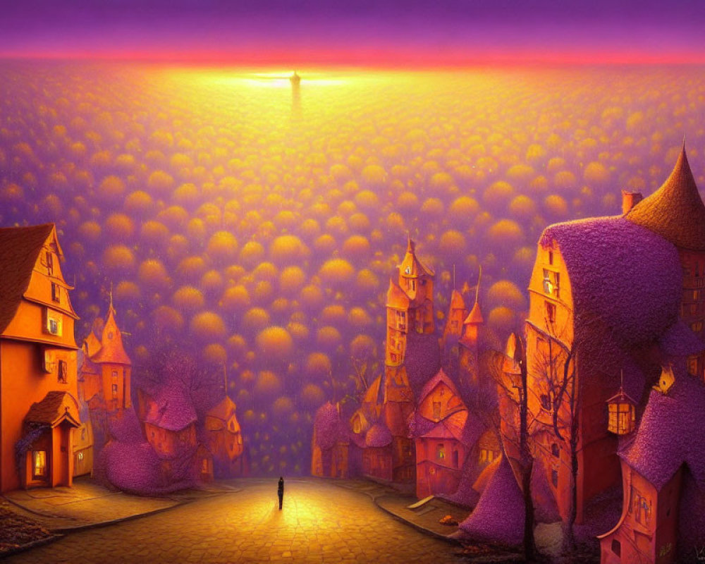 Surreal landscape with orange town and glowing sunset