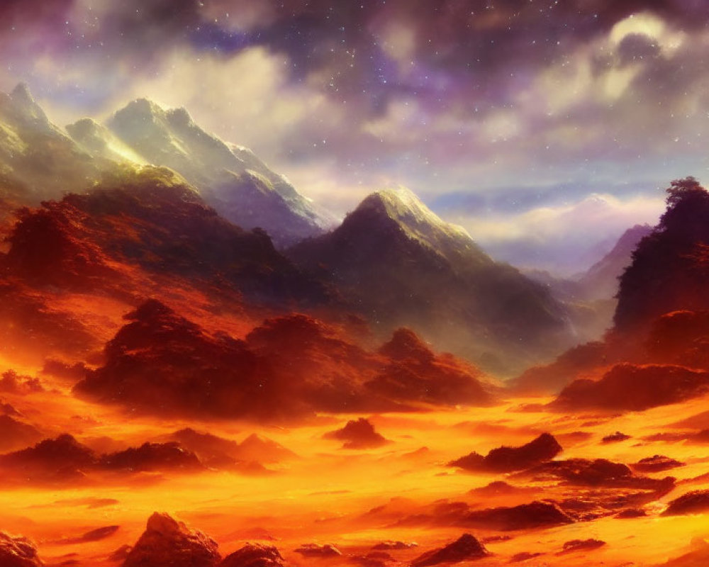 Vibrant digital artwork: Fiery landscape with starry sky and mountains