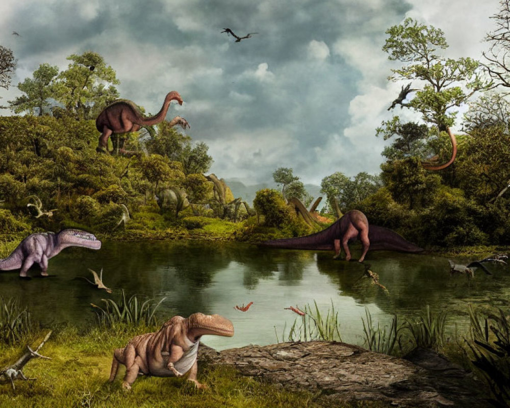 Prehistoric dinosaur scene by water with lush greenery