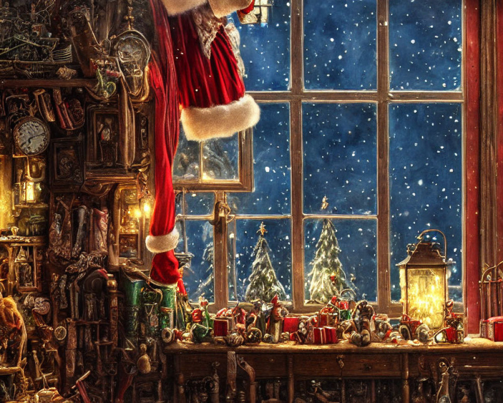 Christmas Santa Claus scene with window view and festive decorations