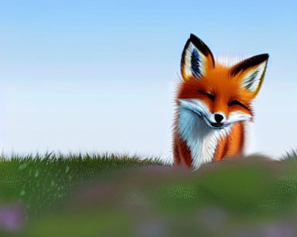 Smiling fox digital illustration on grassy knoll