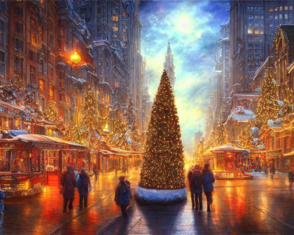 City street with Christmas decorations, lights, large tree, and people walking at twilight