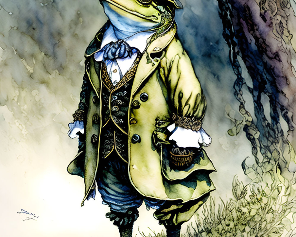 Regal anthropomorphic frog in coat and glasses by tree roots