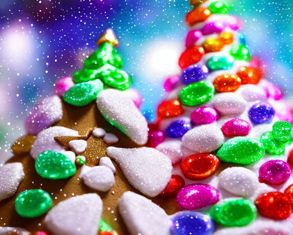 Vibrant Christmas tree gingerbread cookies with colorful candies and icing