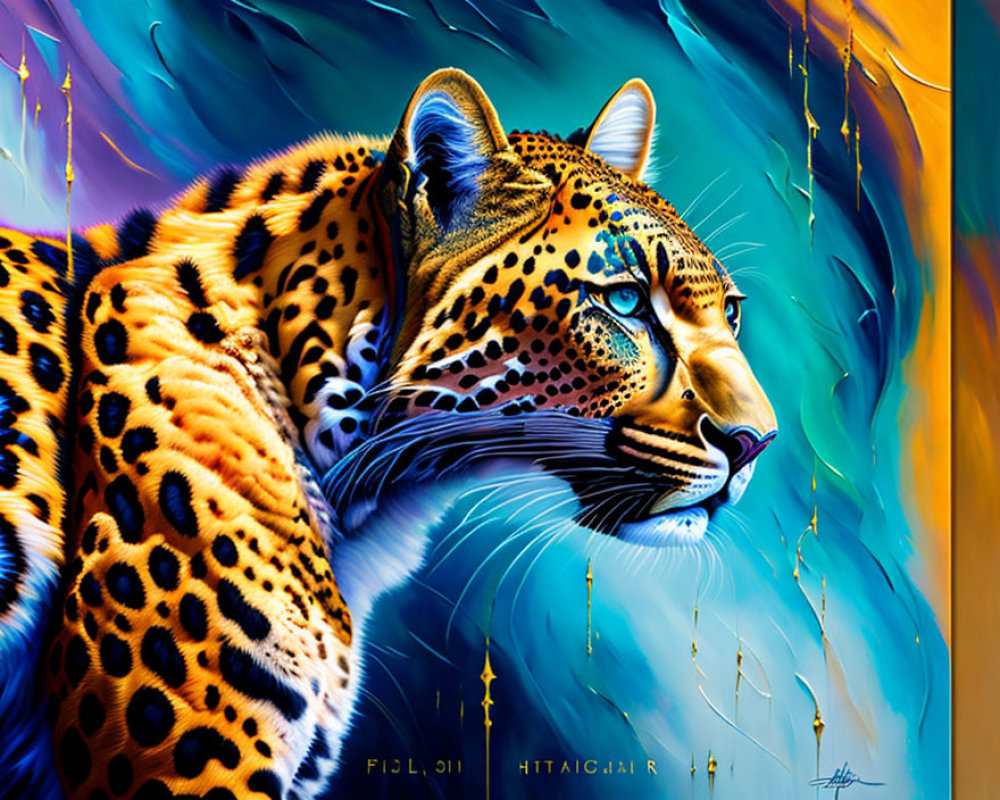 Colorful Digital Painting of Jaguar with Blue and Yellow Hues