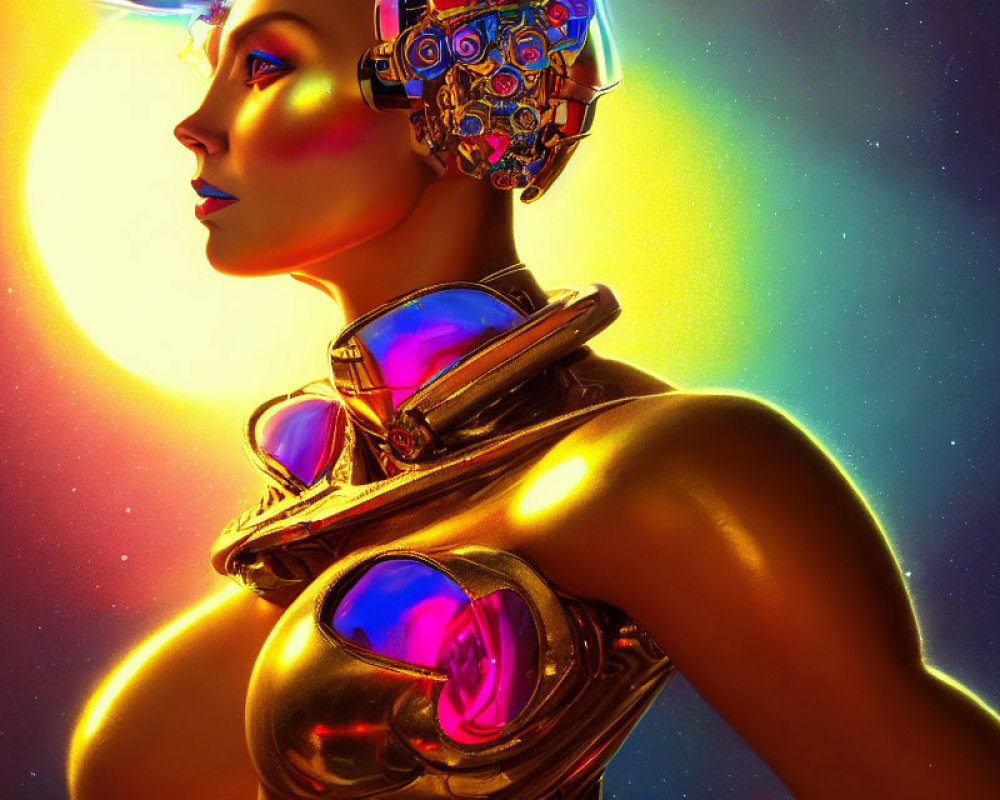 Golden-skinned cyborg woman with mechanical parts against glowing orb backdrop