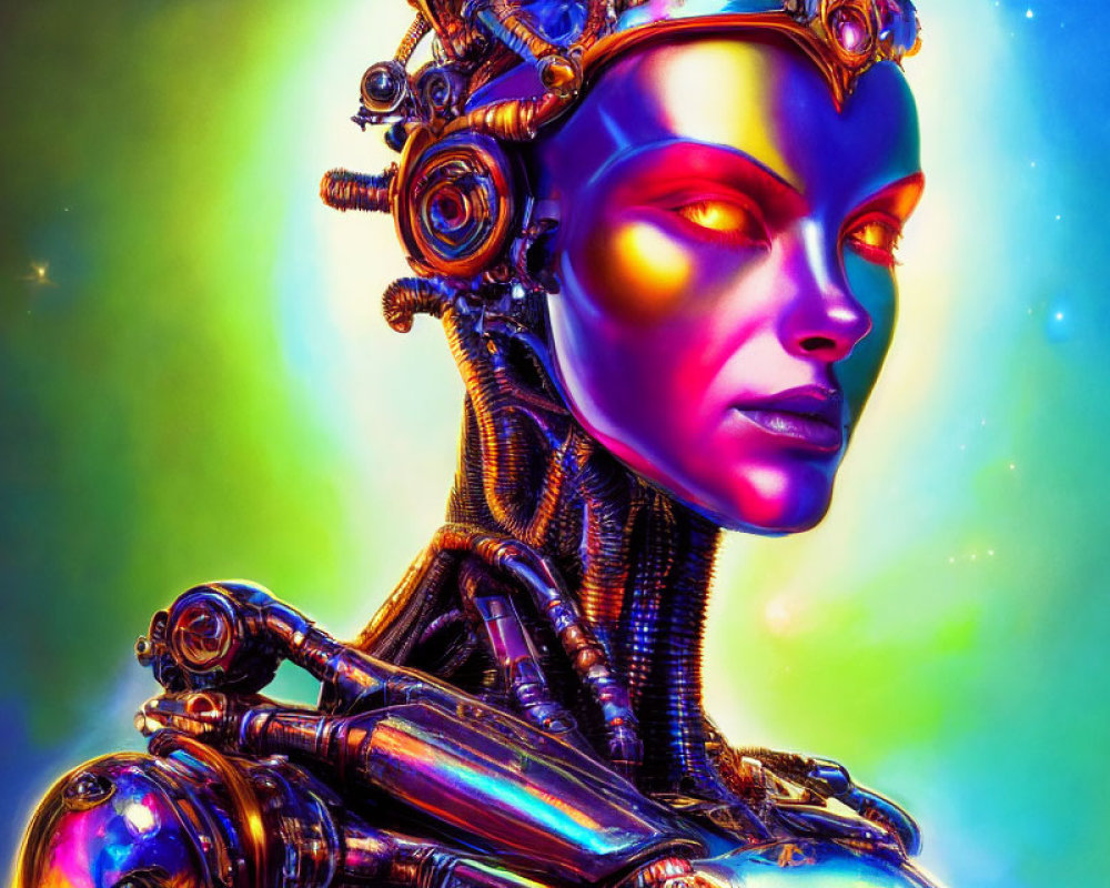 Colorful Female Android with Metallic Surface in Cosmic Background