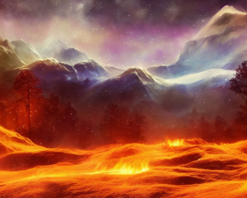 Molten lava flows, red-orange trees, snow-capped mountains, and starry sky