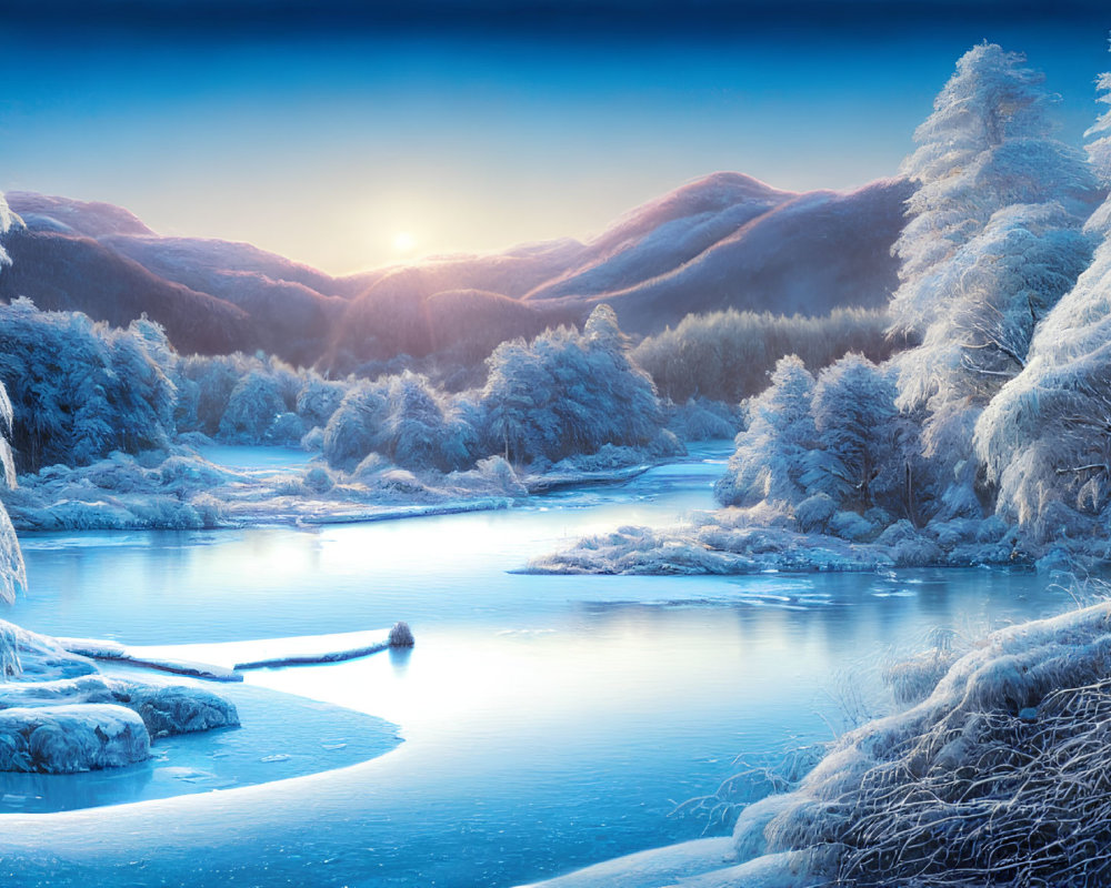 Snow-covered trees, frozen river, mountains: Serene winter landscape at sunrise