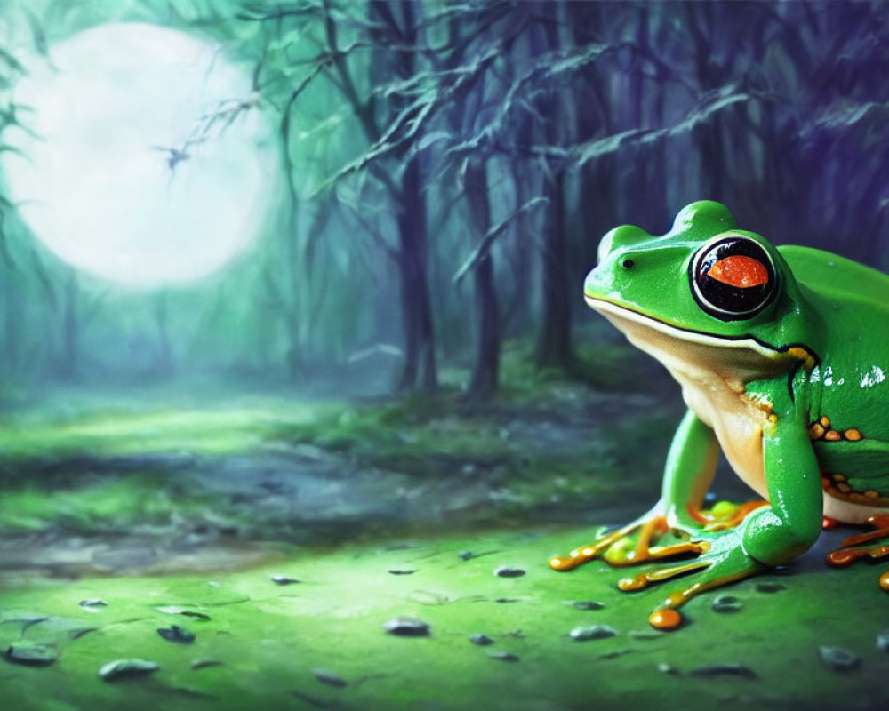 Vibrant green frog with orange feet on leaf-strewn path in misty forest under glowing