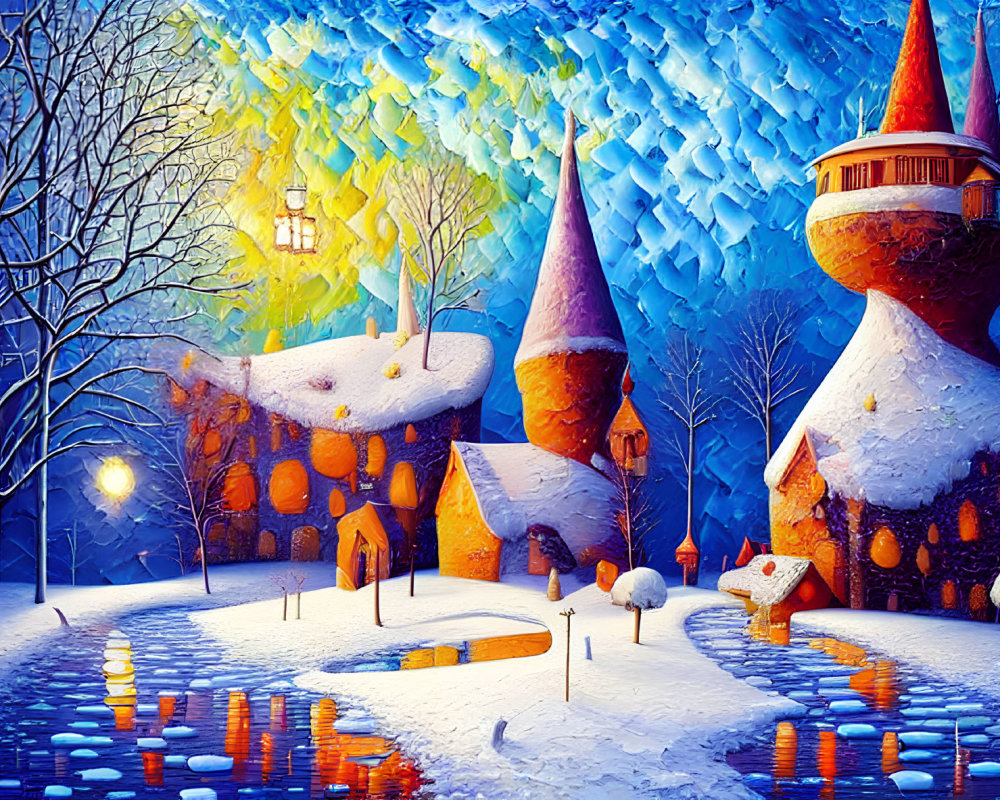 Colorful Winter Scene Painting with Snow-Covered Houses and Starry Sky