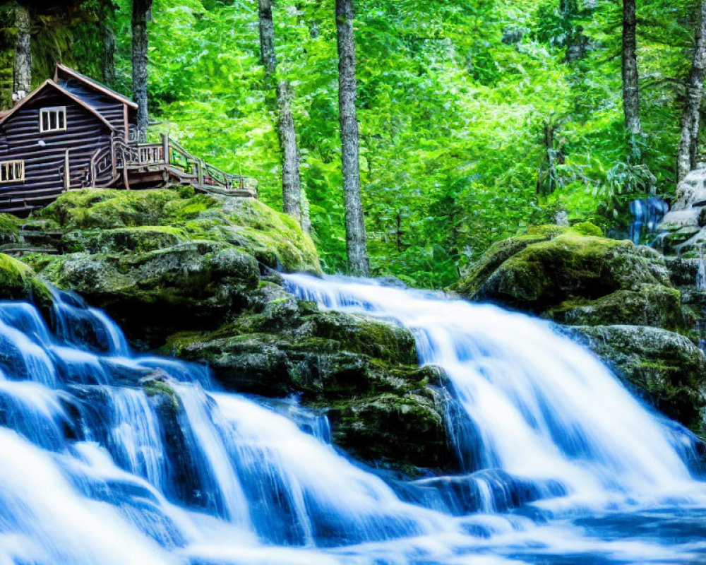 Tranquil waterfall over mossy rocks with cabin in lush forest