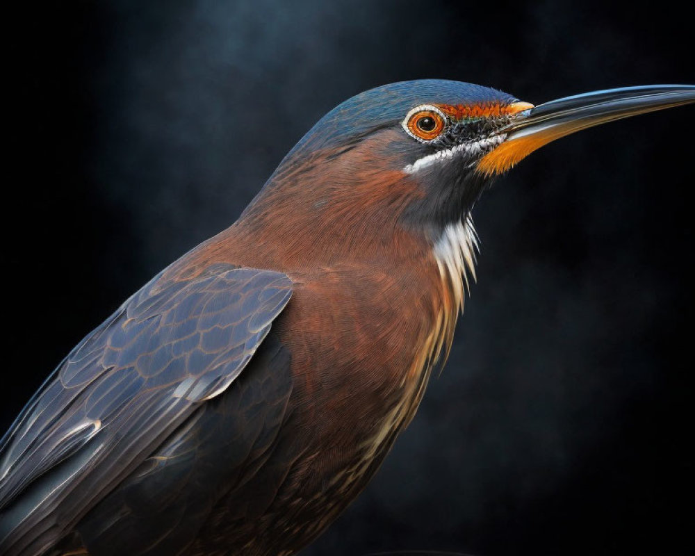 Chestnut-Colored Bird with Sharp Beak and Orange Eyes on Dark Background