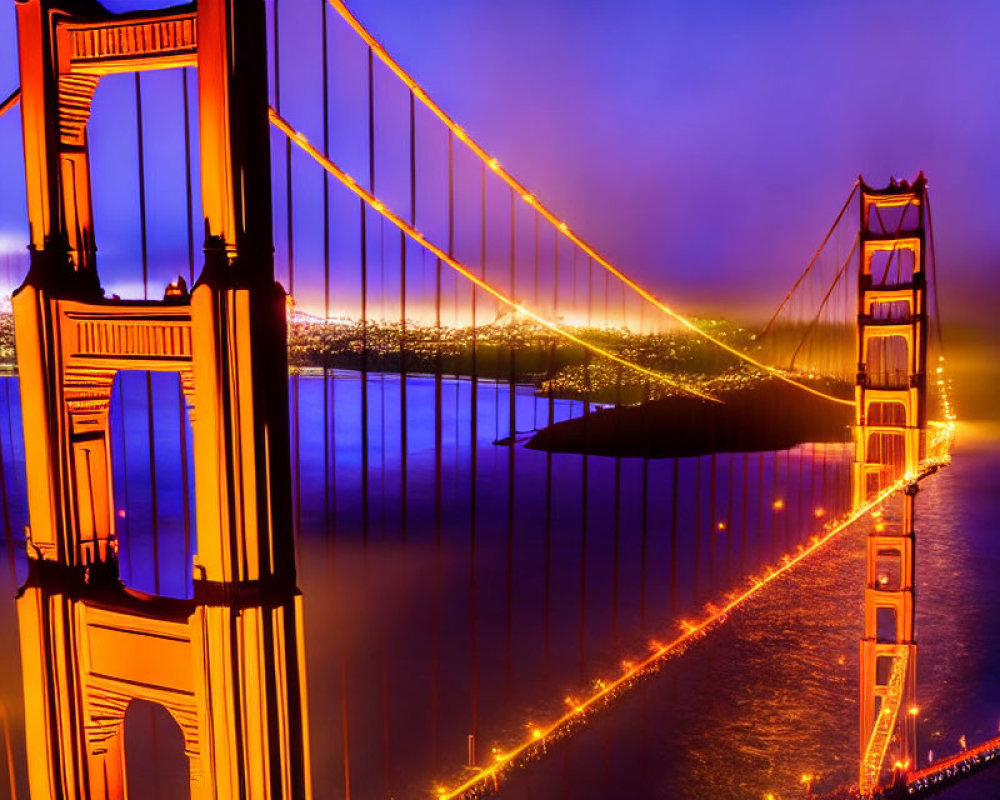 Twilight view of Golden Gate Bridge lights reflecting on water