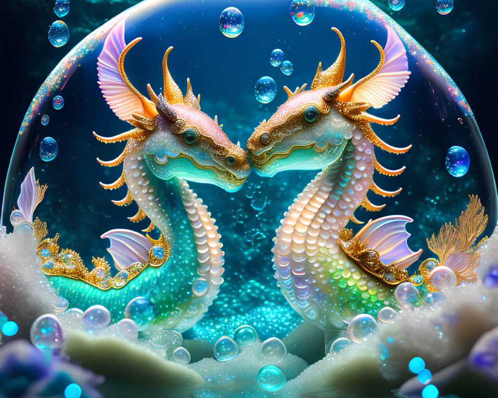 Intricately designed dragon artwork with horns and feathers in underwater setting