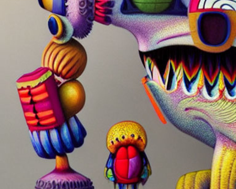 Vibrant surreal artwork: small figure with backpack meets large, textured creature