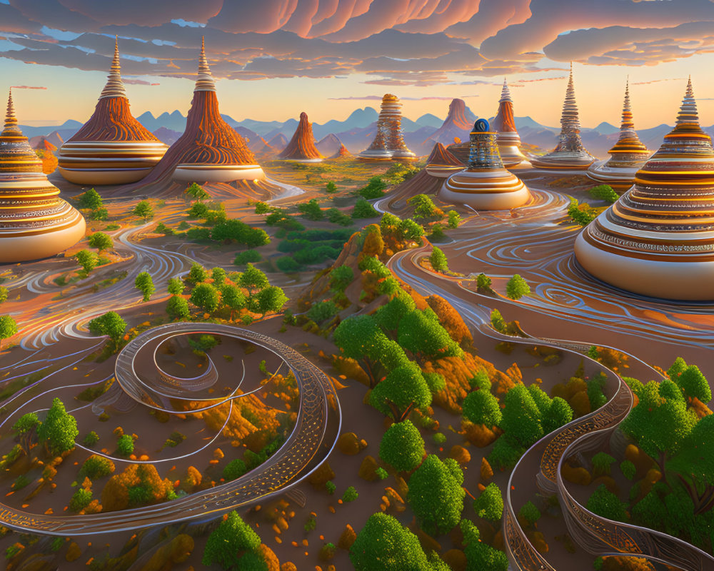 Futuristic landscape with terraced mountains and swirling roads