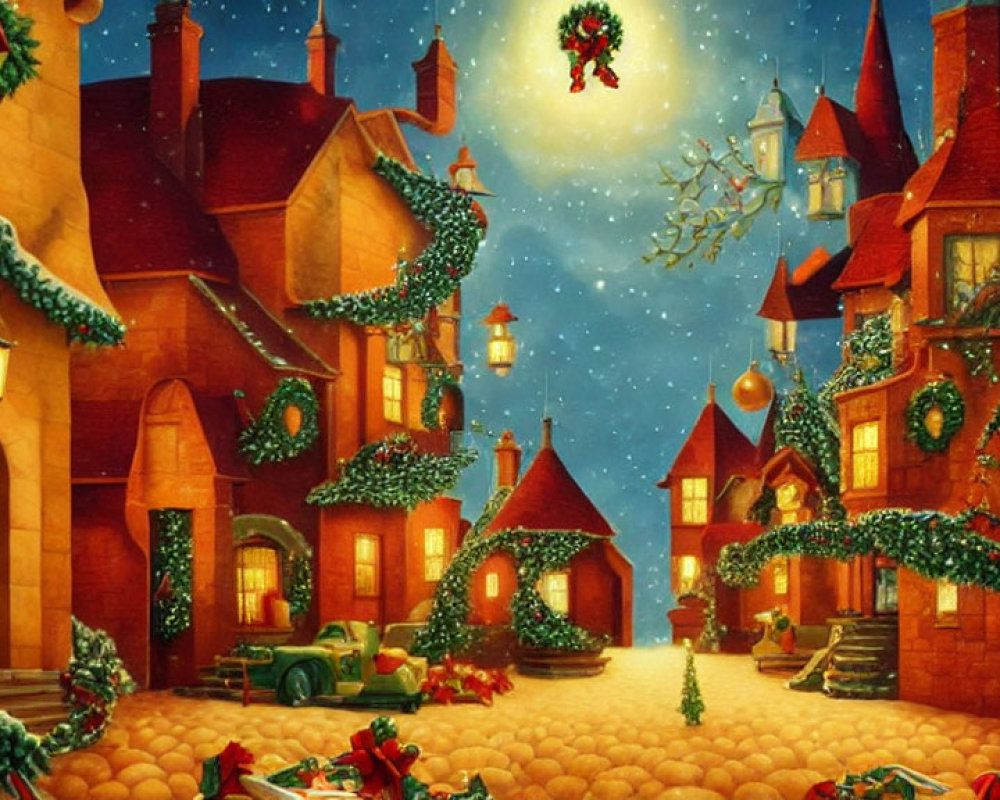 Charming Christmas village with Santa on sleigh at night