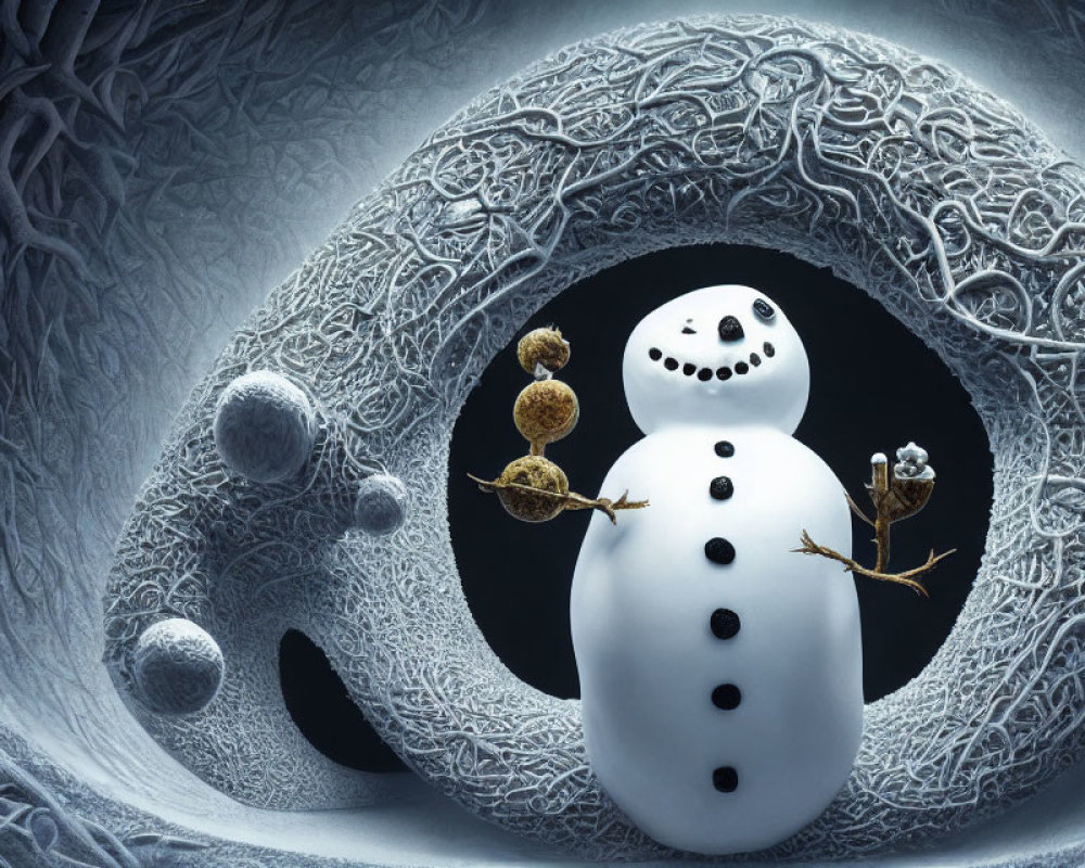 Whimsical snowman in surreal snowy landscape