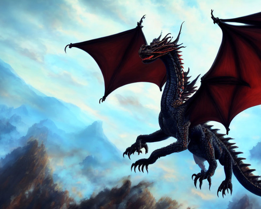 Majestic red-winged dragon flying over misty mountains under blue sky