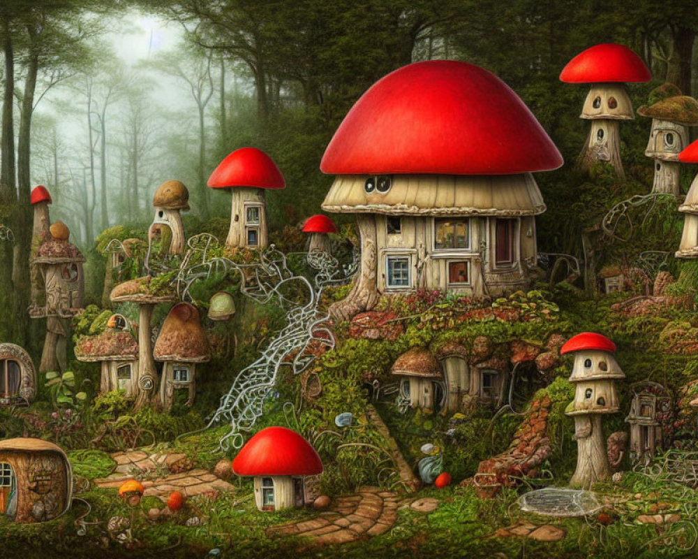 Enchanting forest scene with mushroom houses and lush greenery