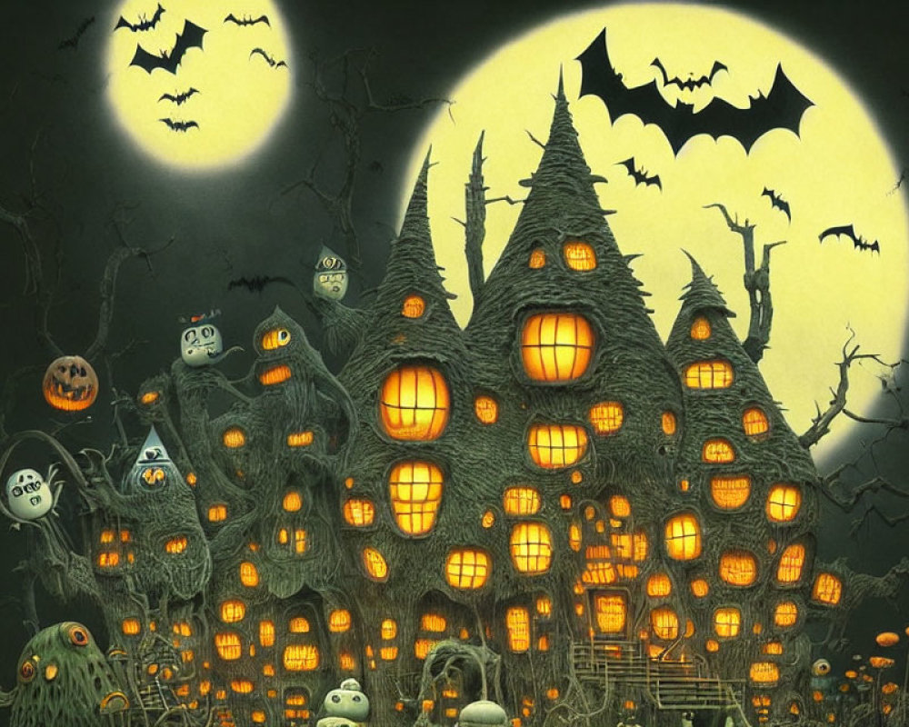 Spooky Halloween-themed house with jack-o'-lanterns, full moon, bats, and ghost