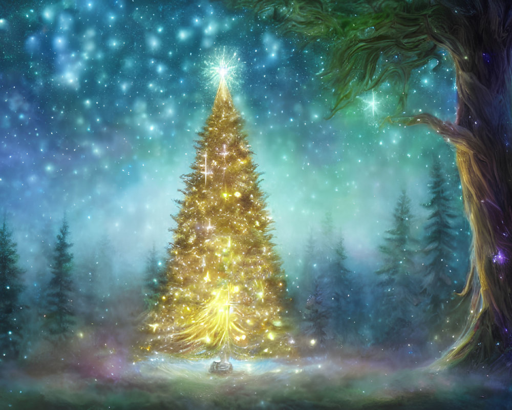 Radiant Christmas tree in magical forest under starry night sky