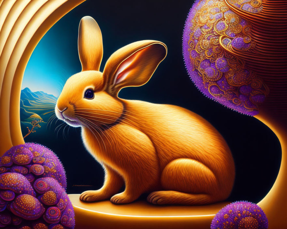 Detailed golden rabbit illustration with ornate spheres and mountain vista