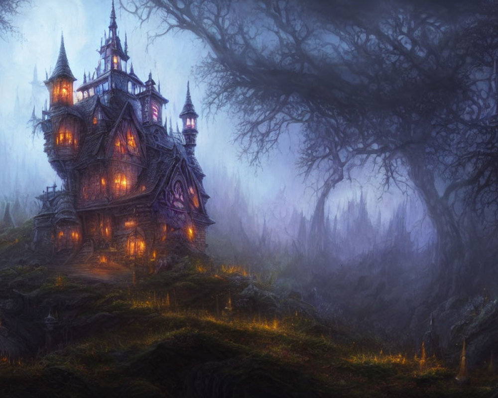 Eerie Gothic-style mansion on hill with foggy forest backdrop