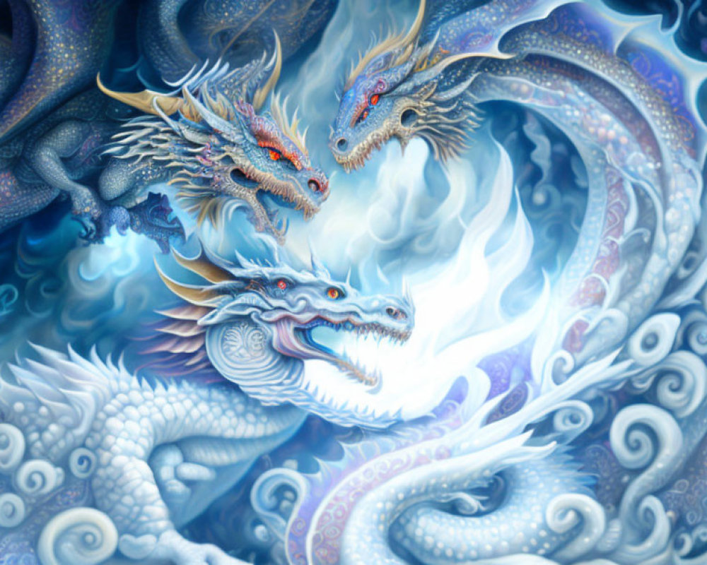 Two Blue Dragons with Swirling Mist and Abstract Wave Patterns