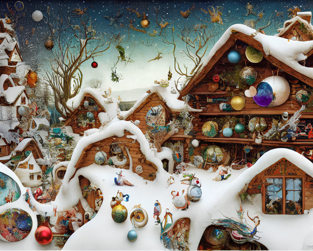 Snow-covered cottages, floating ornaments, and magical rabbits in a whimsical winter scene