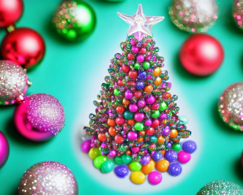 Colorful Miniature Christmas Tree with Beads and Baubles on Teal Background