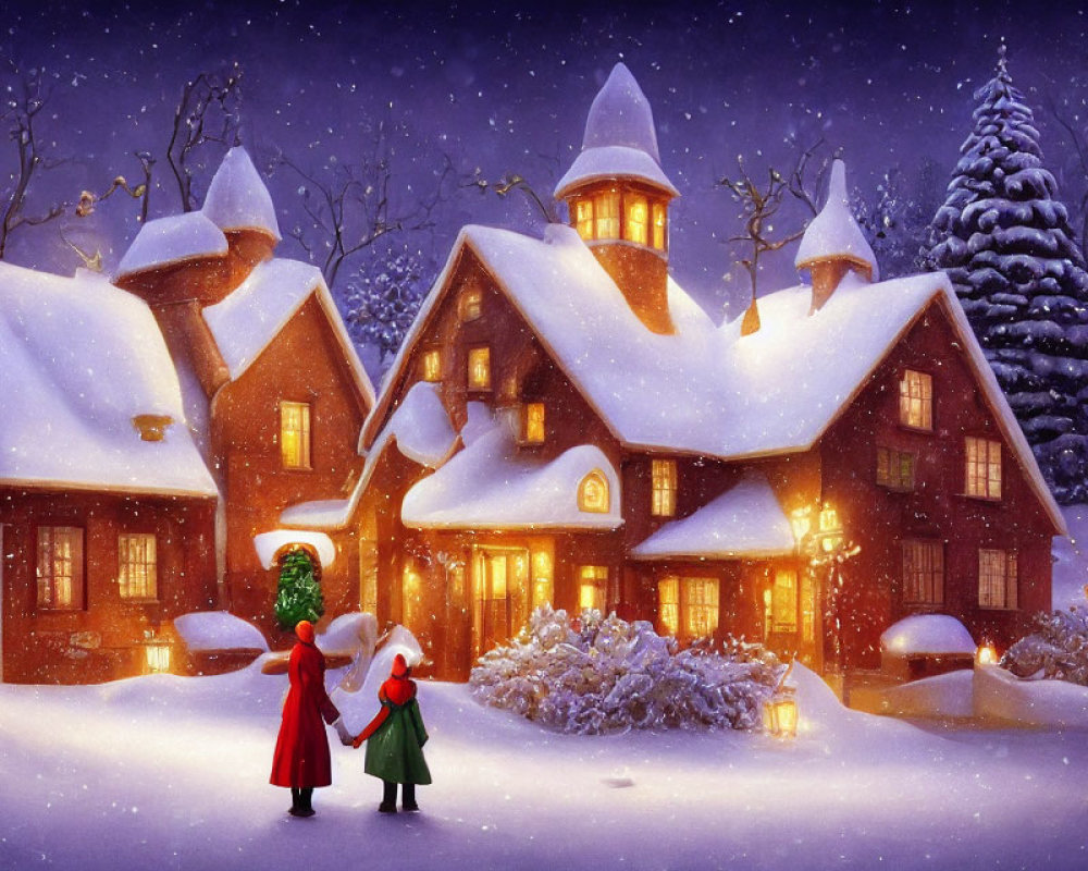 Snowy night scene: Two people holding hands in front of decorated houses under starry sky