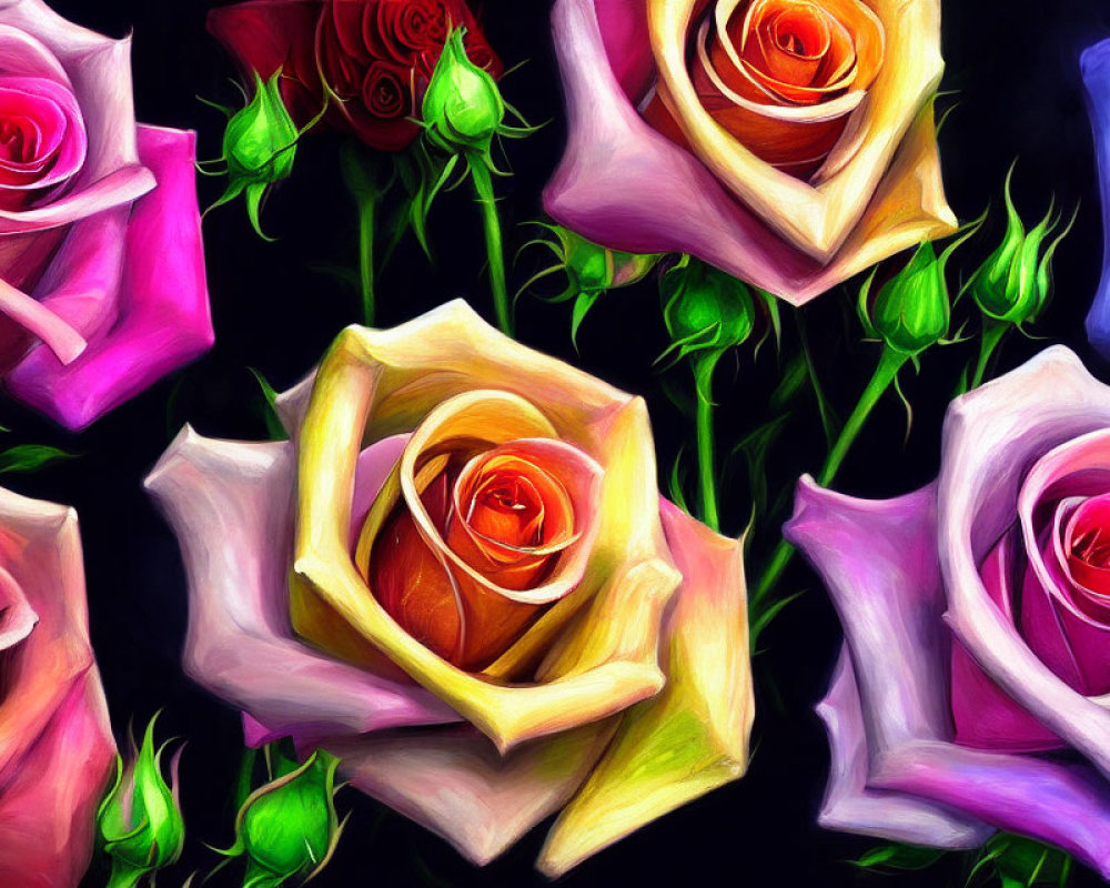 Colorful Roses Digital Painting with Dynamic Strokes on Dark Background