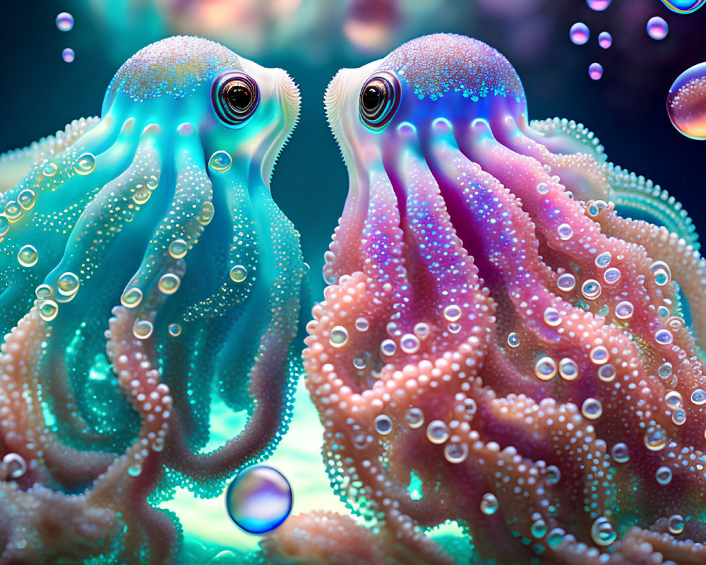 Colorful digital art: Two vibrant octopus-like creatures with expressive eyes and iridescent tentacles