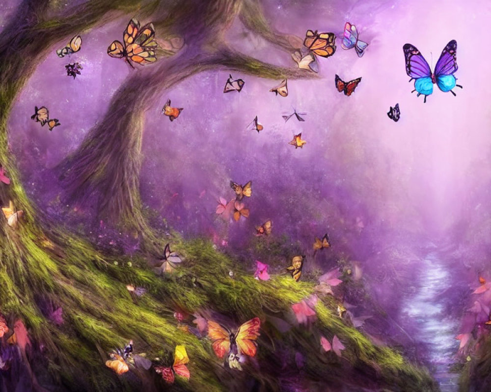 Mystical forest scene with vibrant butterflies and glowing path