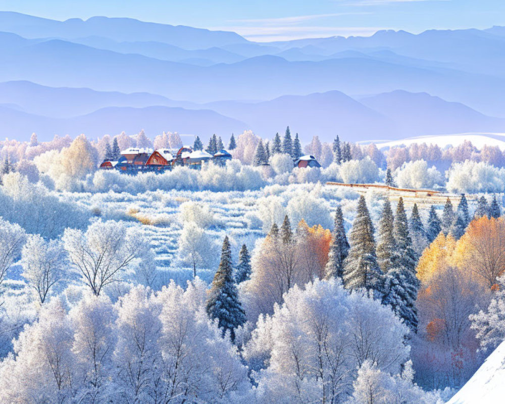 Frost-covered trees and red-roofed houses in winter landscape