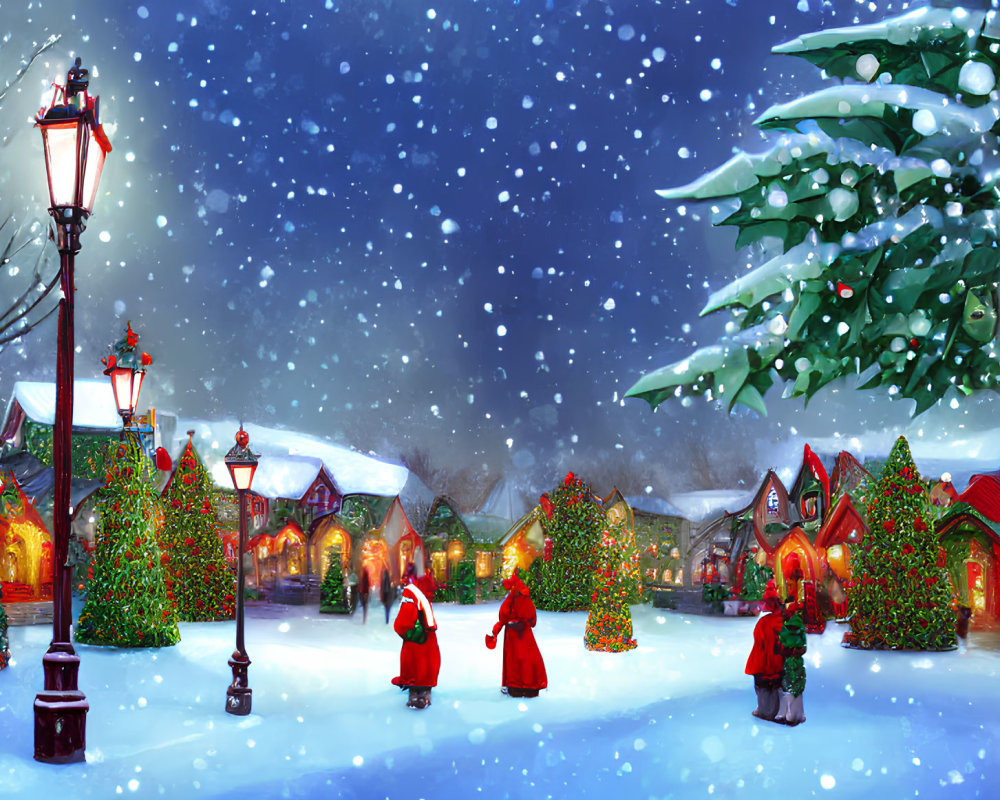 Snow-covered streets with festive decorations and red-cloaked figures.