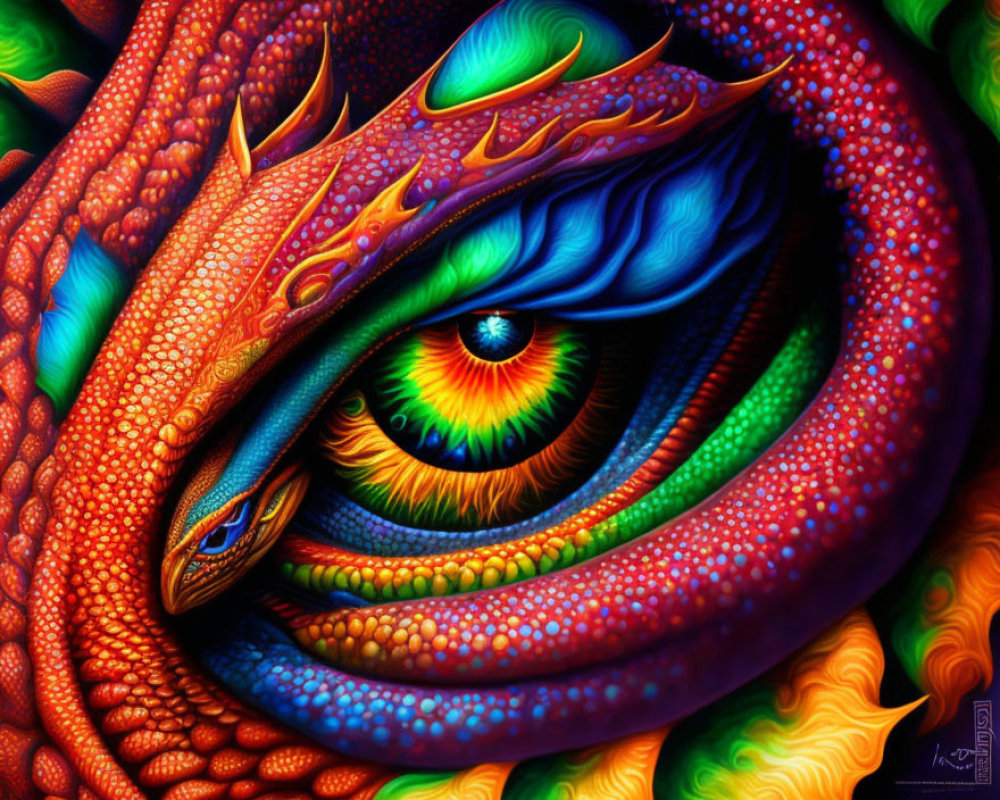 Detailed Dragon Eye Illustration with Red, Orange, Blue Scales