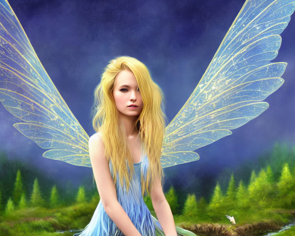 Woman with Large Translucent Blue Wings in Mystical Forest