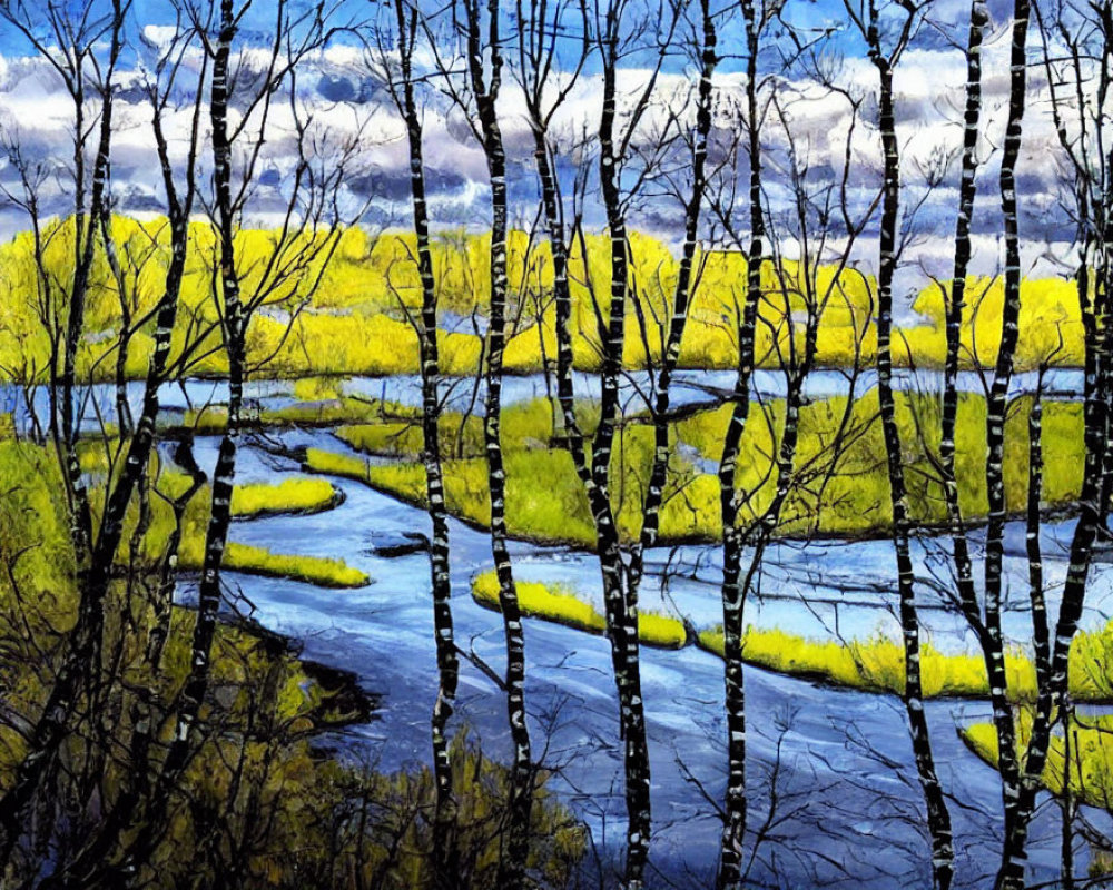 Vibrant landscape: river, forest, yellow foliage, cloudy sky