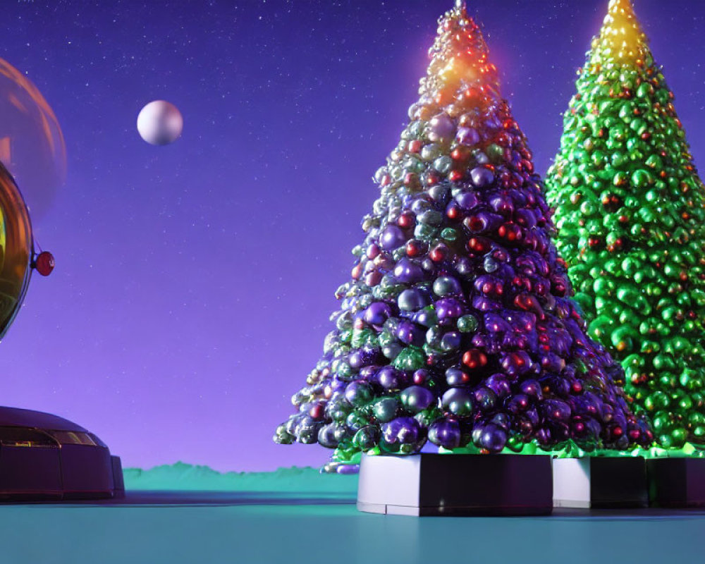 Ornate Christmas trees with colorful baubles under starry sky